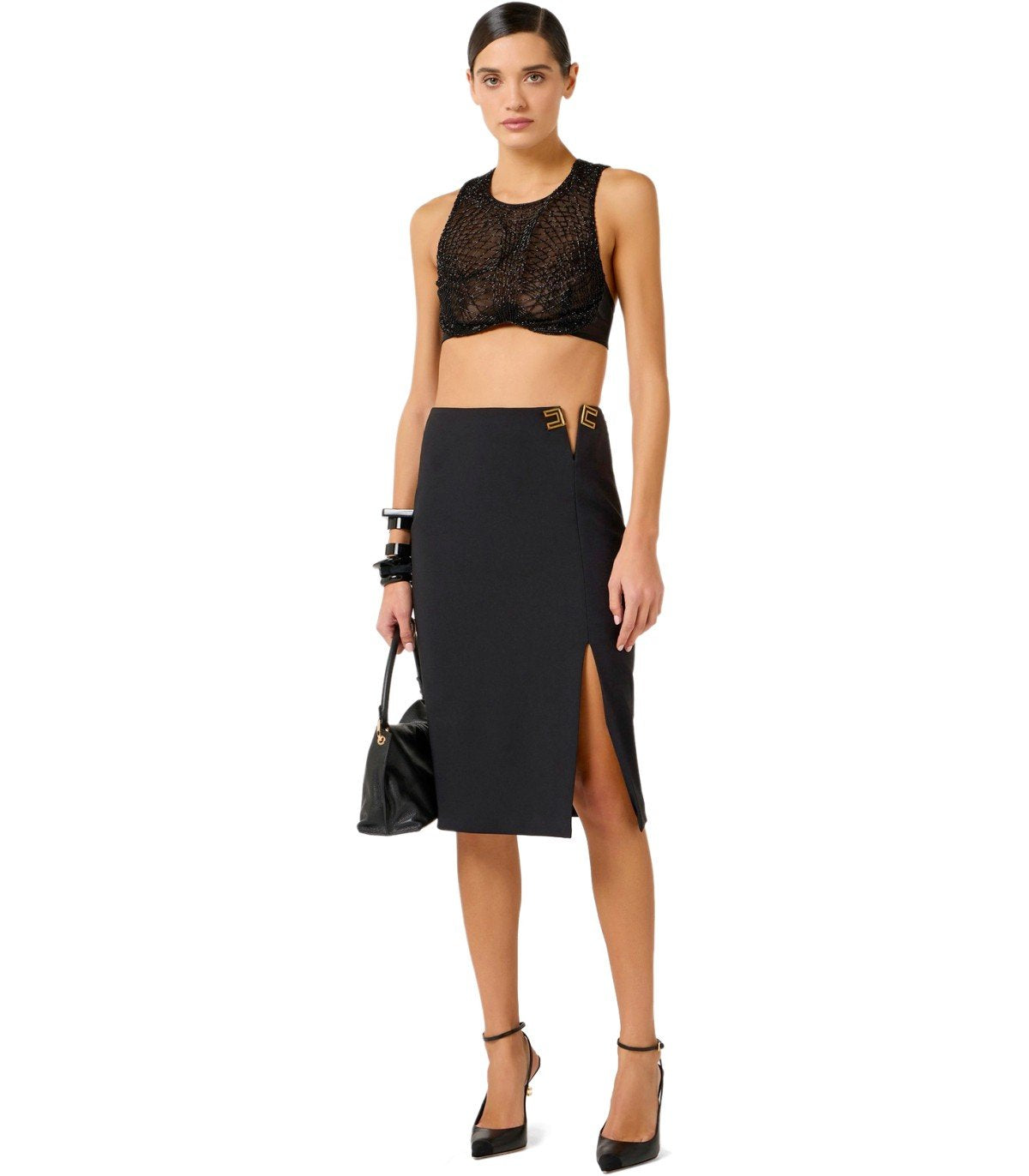 ELISABETTA FRANCHI BLACK MIDI SKIRT WITH LOGO