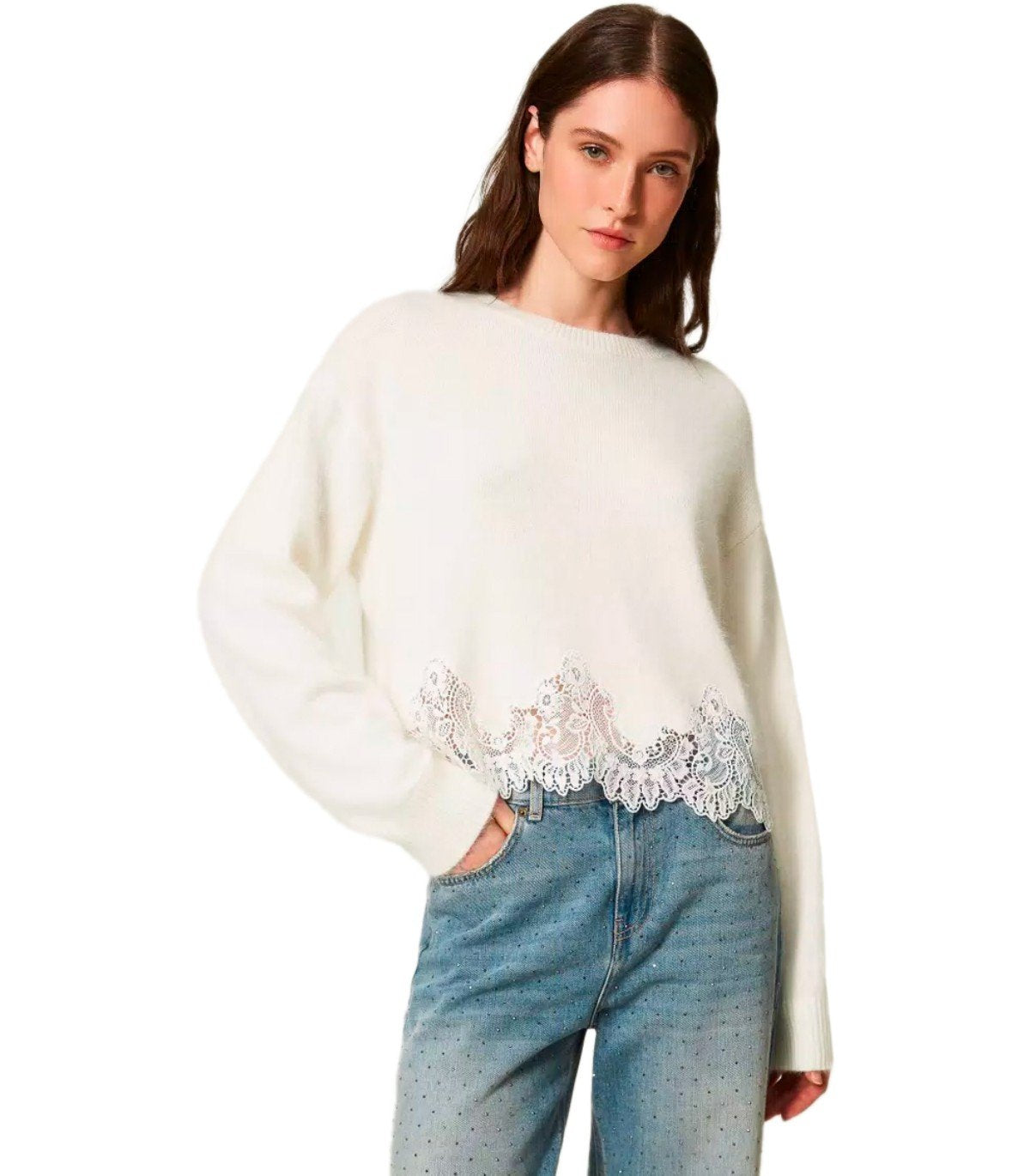 MAGLIONE CON DETTAGLI IN PIZZO BIANCO TWINSET