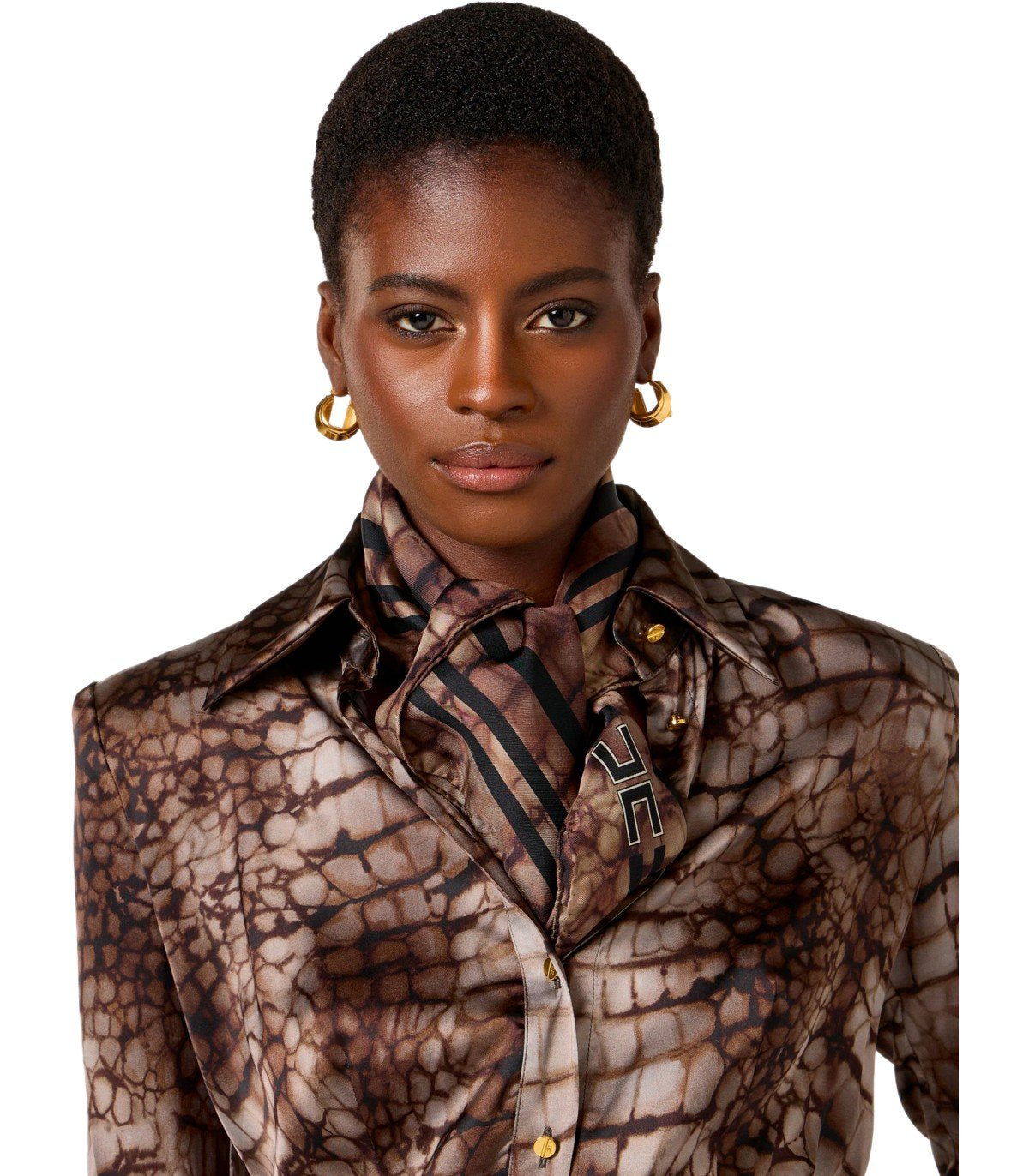 ELISABETTA FRANCHI BROWN ALLIGATOR PRINT FOULARD SCARF