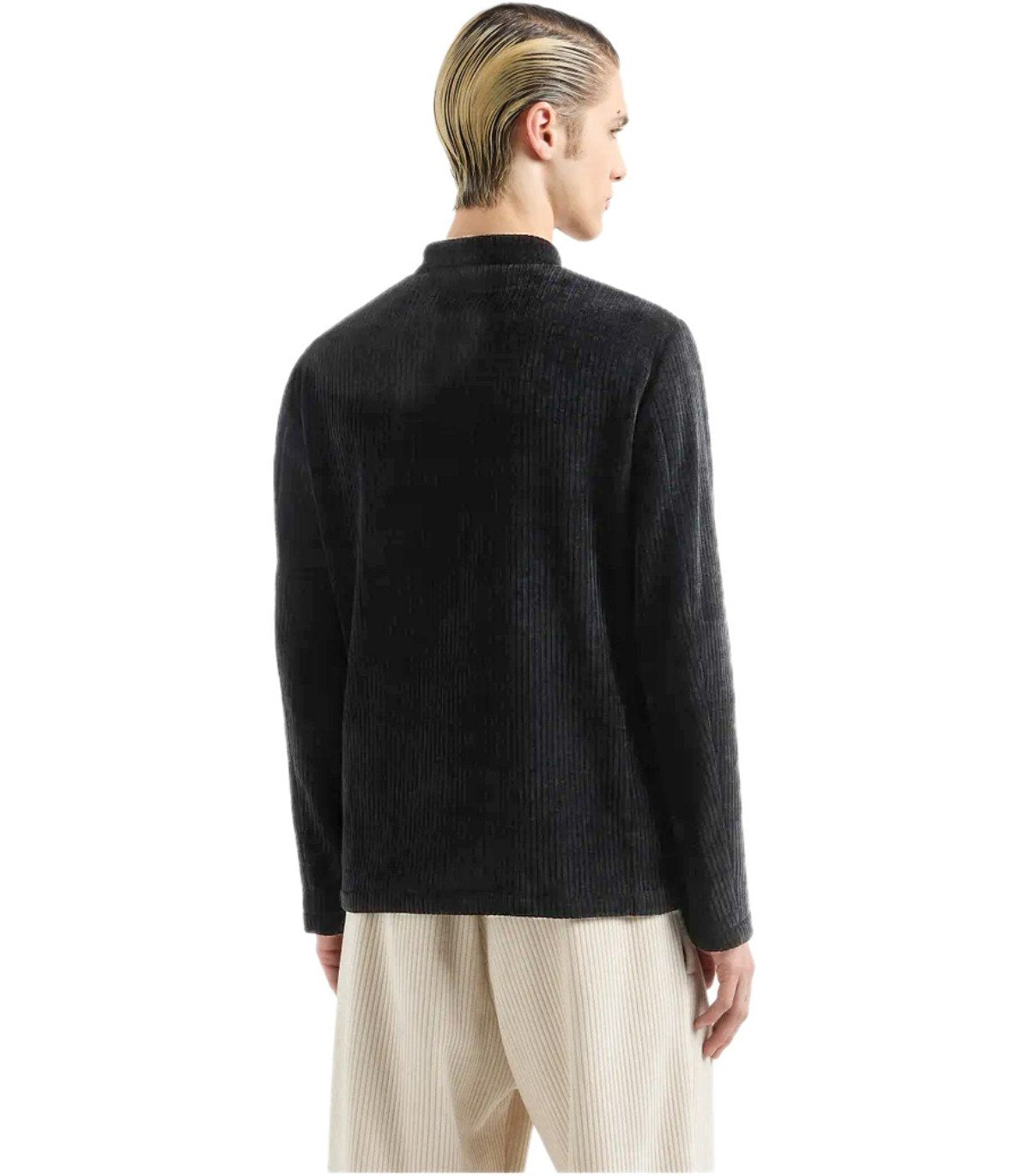 EMPORIO ARMANI ZWARTE RIBBED JAS MET MANDARIJNKRAAG