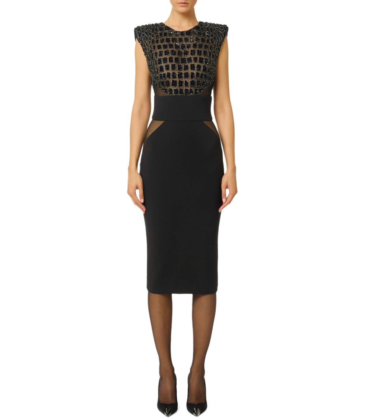ELISABETTA FRANCHI BLACK MIDI DRESS WITH SEQUINS