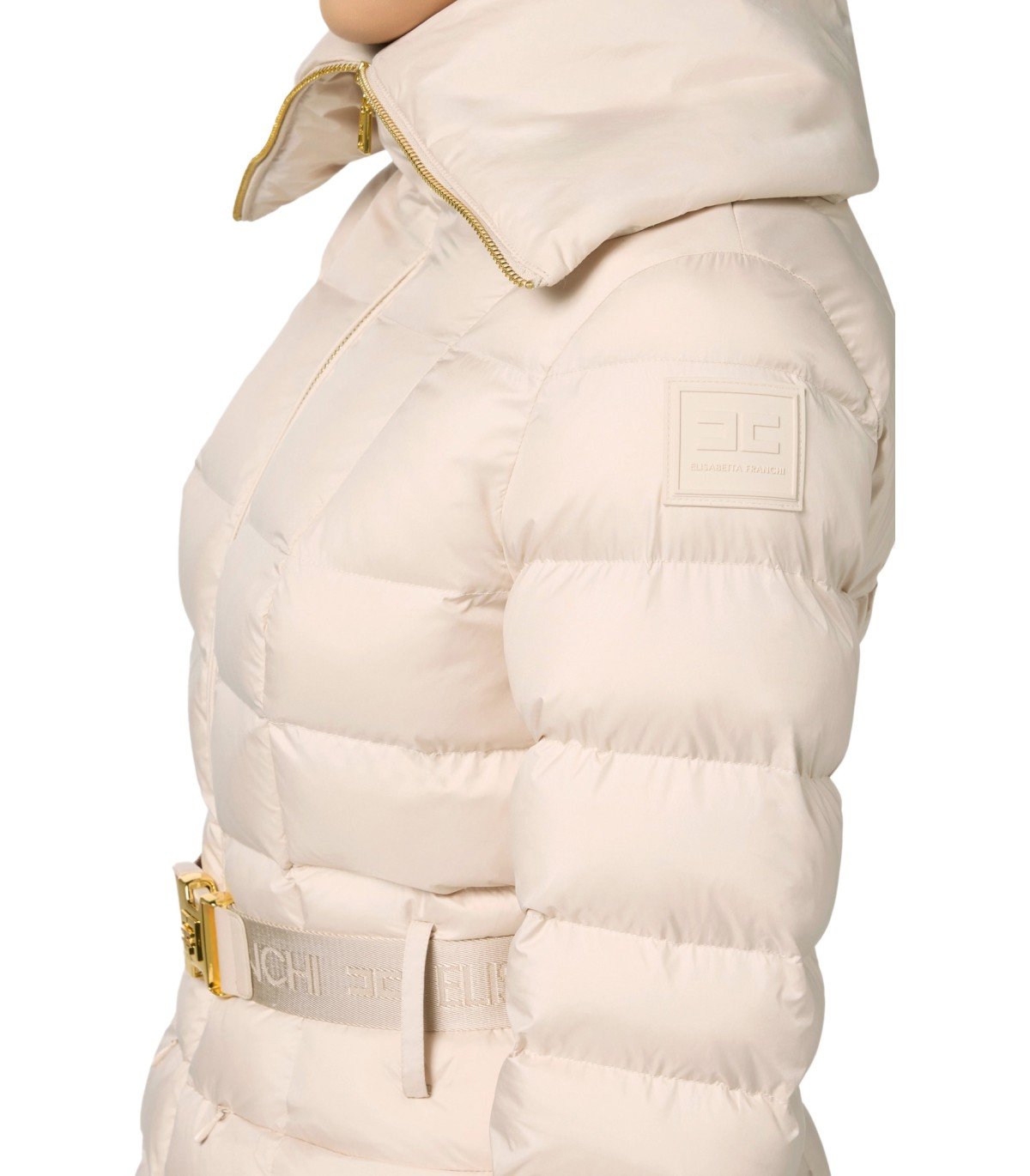 ELISABETTA FRANCHI CREAM BELTED PADDED JACKET