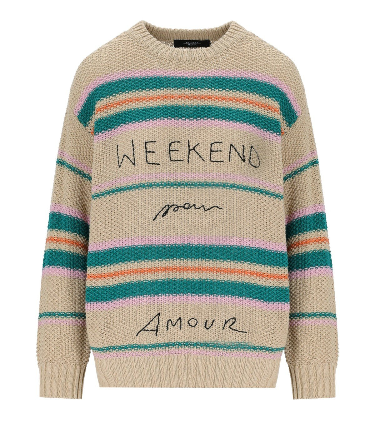 MAX MARA WEEKEND ANGUS BEIGE CREWNECK SWEATER WITH EMBROIDERY