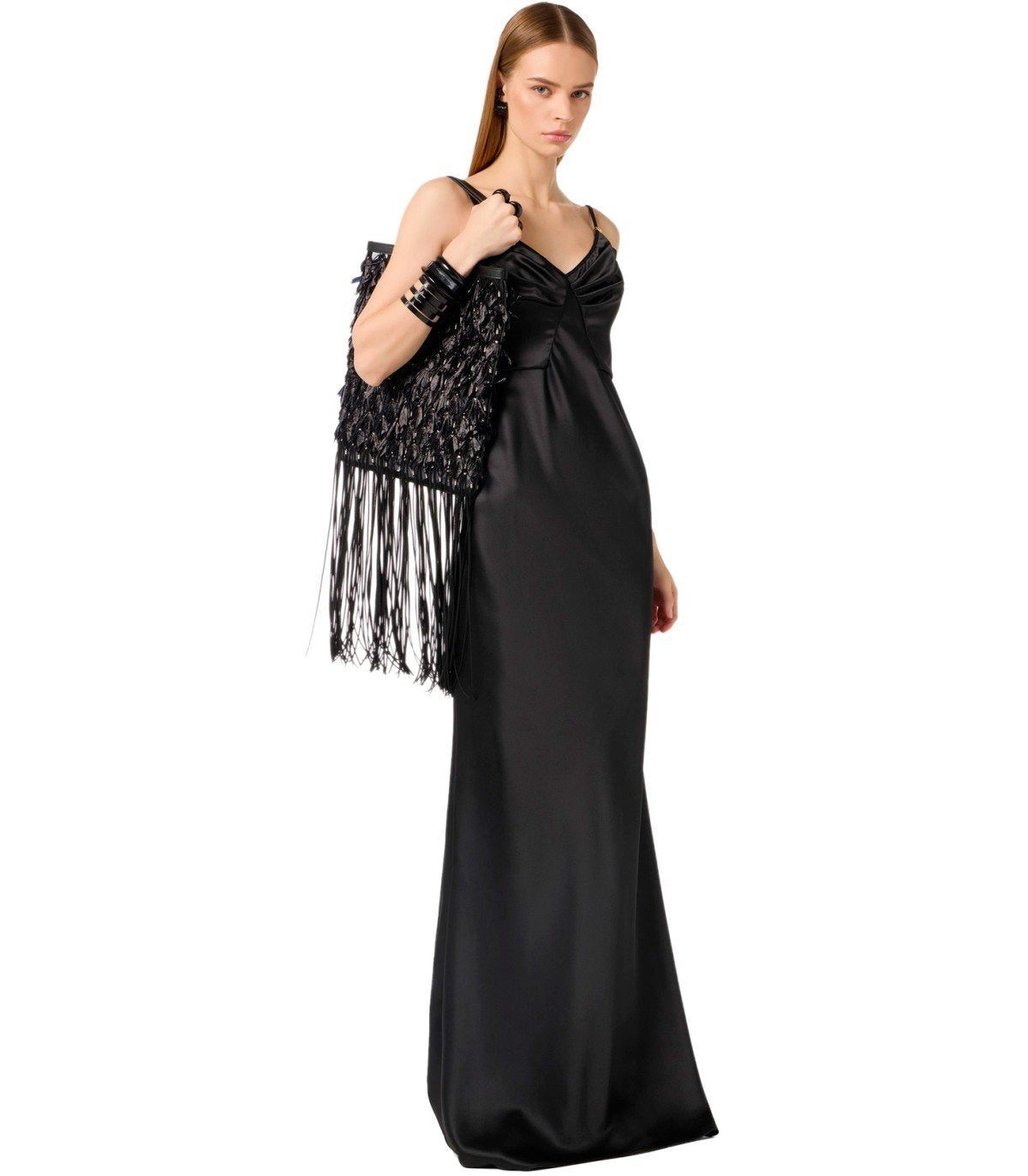 ELISABETTA FRANCHI RED CARPET BLACK SATIN DRESS