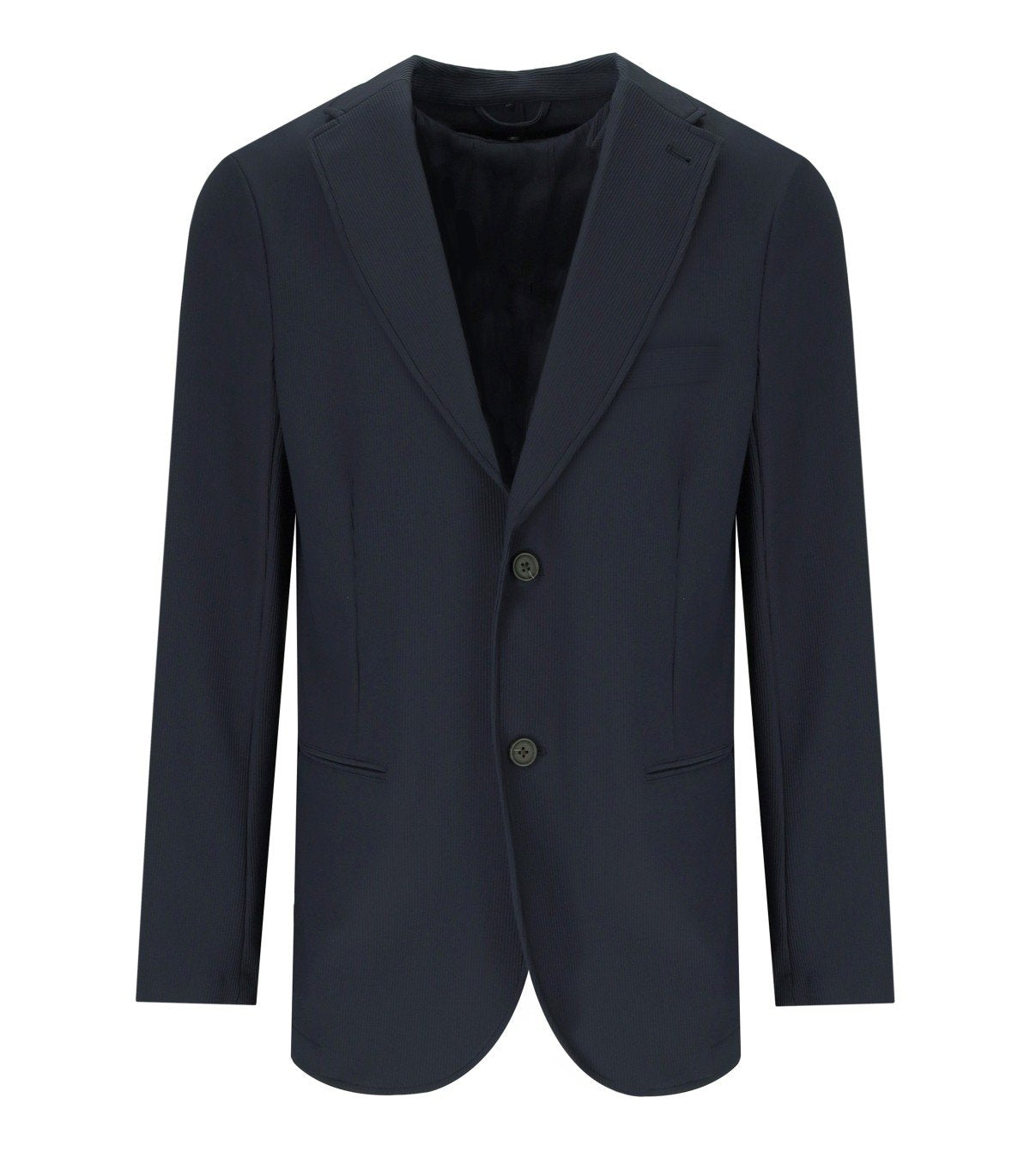 EMPORIO ARMANI NAVY BLUE RIBBED SINGLE-BREASTED HOODED JACKET