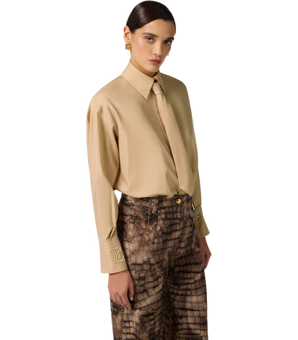 ELISABETTA FRANCHI CAMEL SHIRT WITH TIE