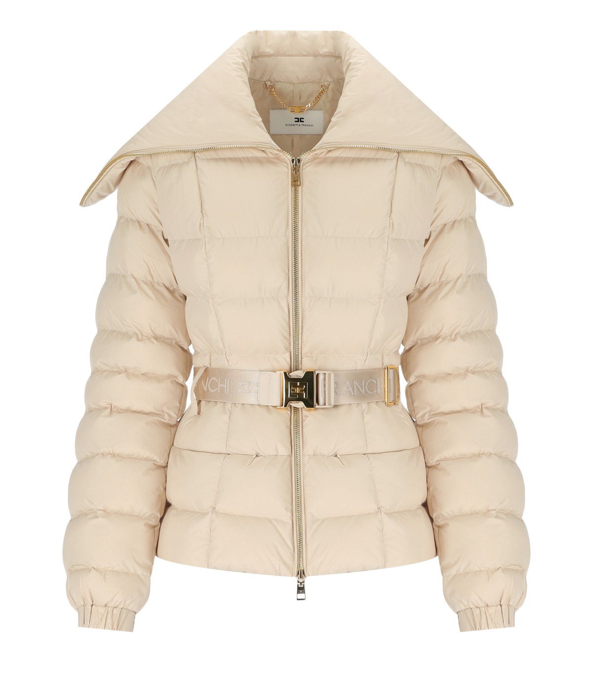 ELISABETTA FRANCHI CREAM BELTED PADDED JACKET
