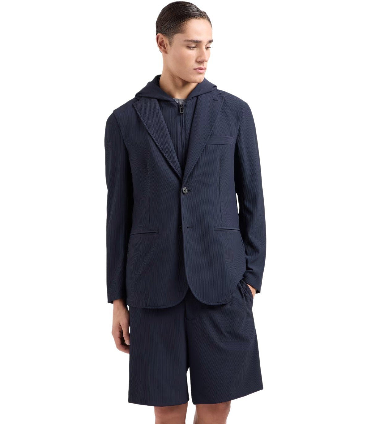 EMPORIO ARMANI NAVY BLUE RIBBED SINGLE-BREASTED HOODED JACKET